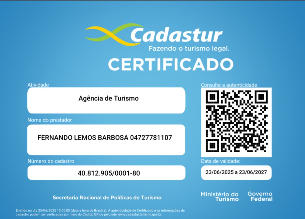 Certificado digital Cadastur — Agência de Turismo cadastrada no Ministério do Turismo, com validade de junho de 2025 a junho de 2027. QR Code para consulta de autenticidade.